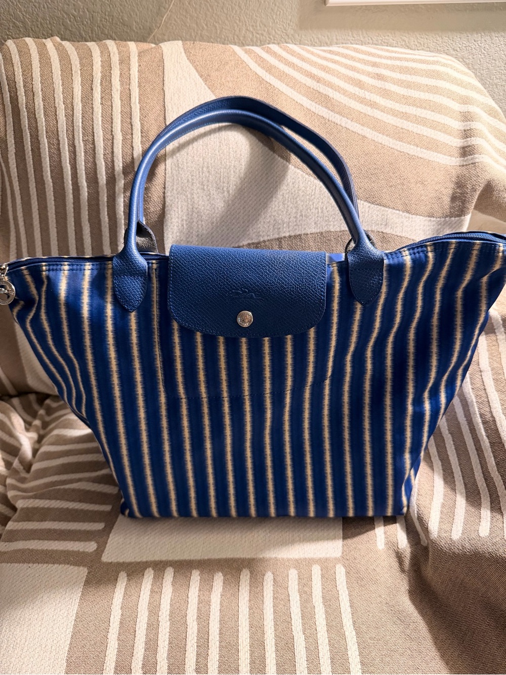 Longchamp Blue and Cream Vertical Stripe Tote
